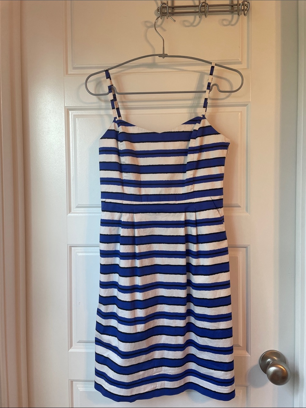 Blue, white, and black striped sundress